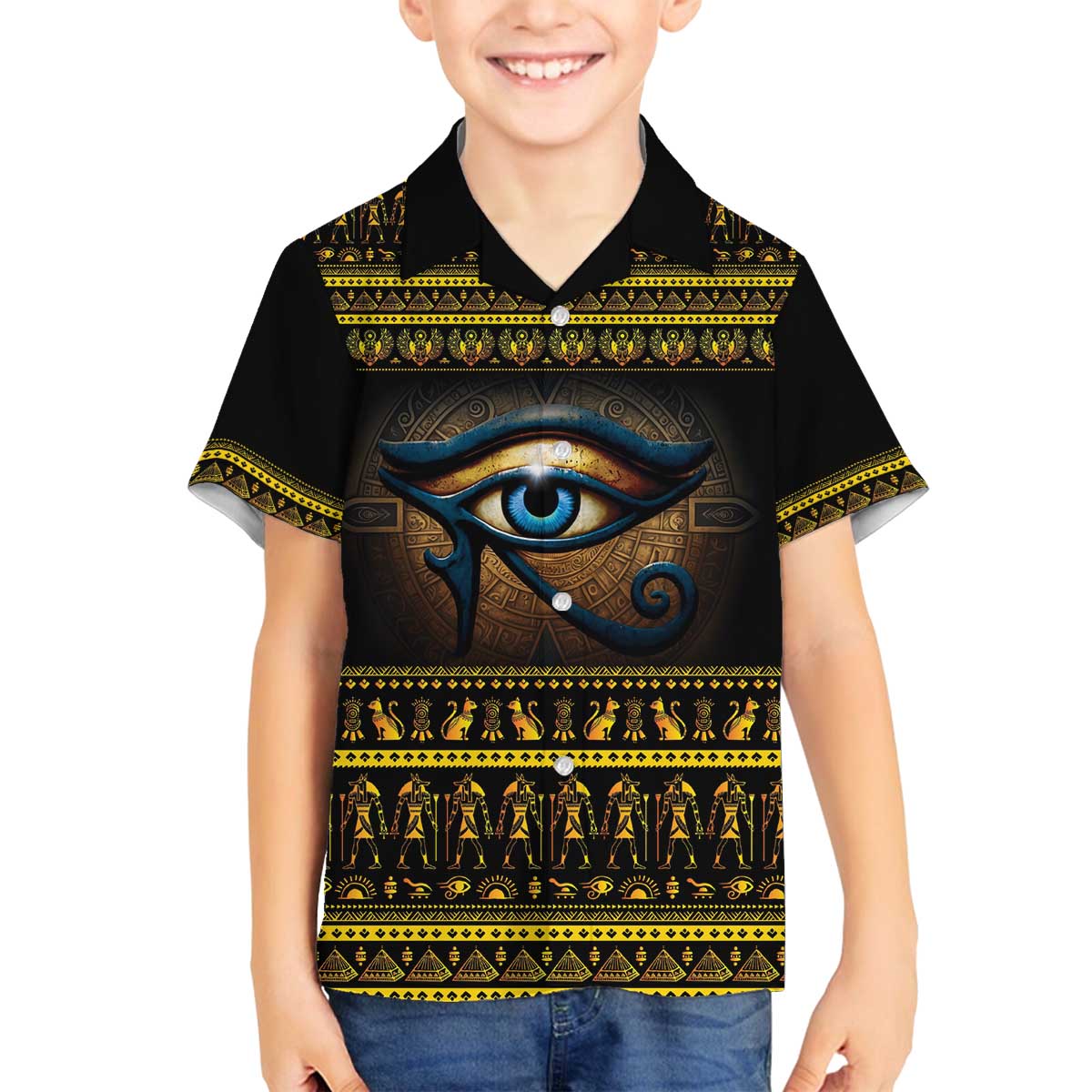 Ancient Egypt Eye Of Ra Family Matching Off The Shoulder Long Sleeve Dress and Hawaiian Shirt Sun To The Egyptians - Wonder Print Shop