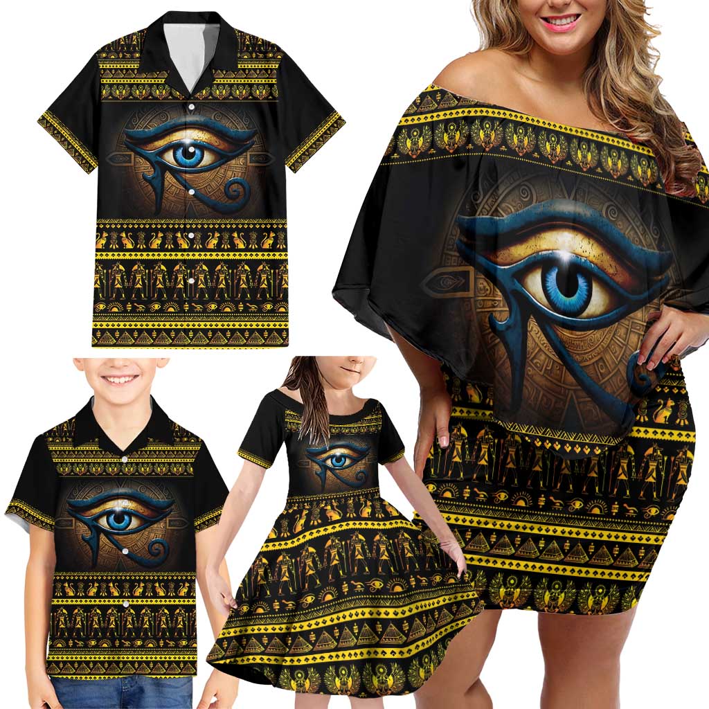 Ancient Egypt Eye Of Ra Family Matching Off Shoulder Short Dress and Hawaiian Shirt Sun To The Egyptians - Wonder Print Shop
