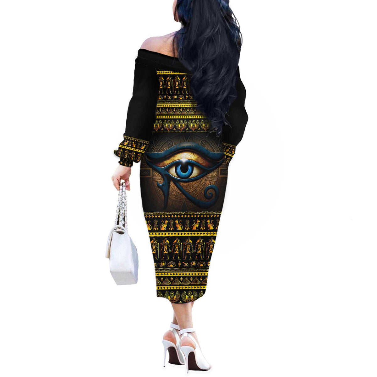 Ancient Egypt Eye Of Ra Off The Shoulder Long Sleeve Dress Sun To The Egyptians - Wonder Print Shop