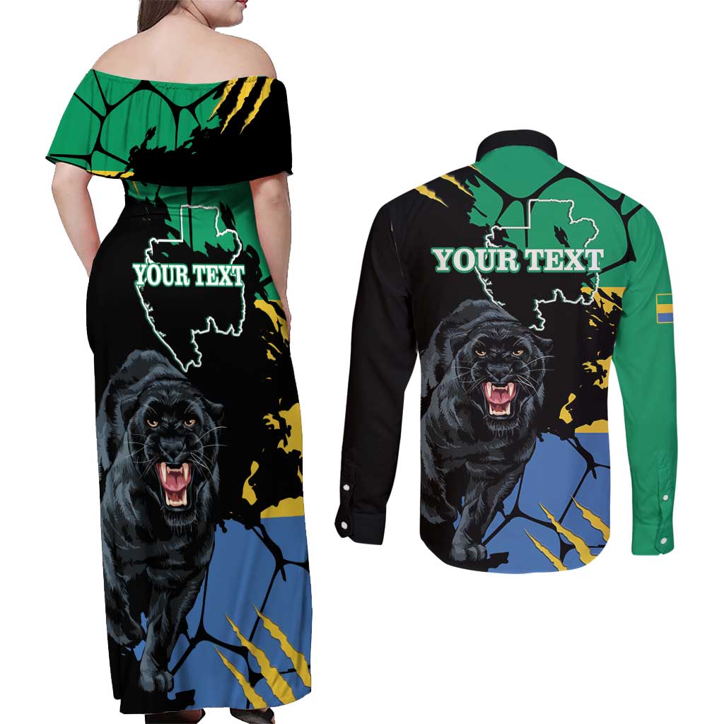 Personaliszd Gabon Couples Matching Off Shoulder Maxi Dress and Long Sleeve Button Shirt Gabonese Black Panther With Map - Wonder Print Shop