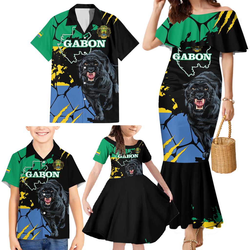 Personaliszd Gabon Family Matching Mermaid Dress and Hawaiian Shirt Gabonese Black Panther With Map - Wonder Print Shop
