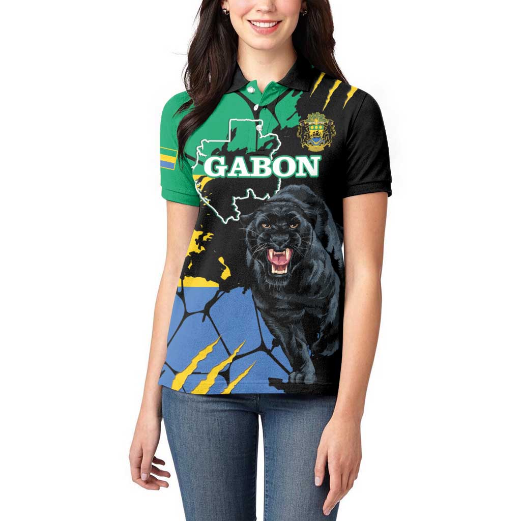 Personaliszd Gabon Women Polo Shirt Gabonese Black Panther With Map - Wonder Print Shop
