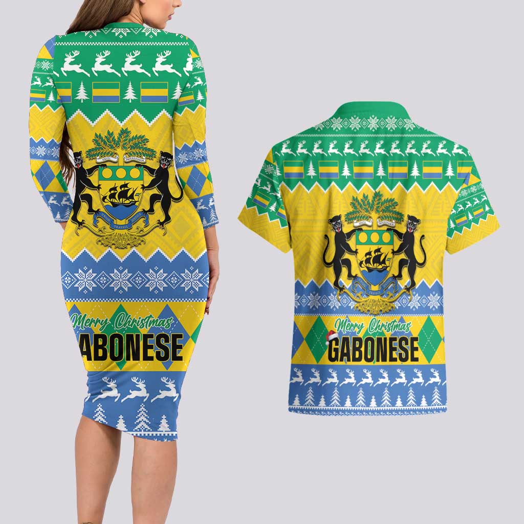 Gabon Christmas Couples Matching Long Sleeve Bodycon Dress and Hawaiian Shirt Joyeux Noel Coat Of Arms - Wonder Print Shop