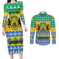 Gabon Christmas Couples Matching Long Sleeve Bodycon Dress and Long Sleeve Button Shirt Joyeux Noel Coat Of Arms - Wonder Print Shop