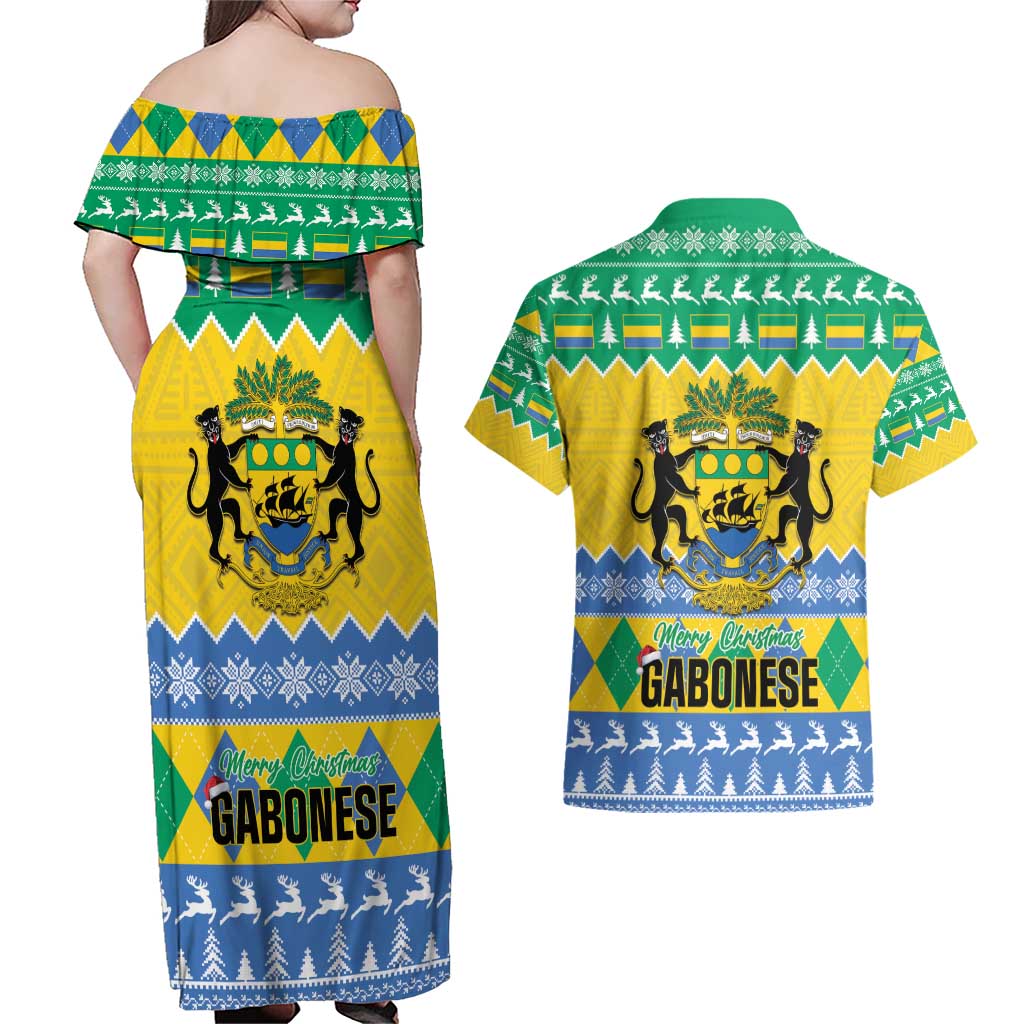 Gabon Christmas Couples Matching Off Shoulder Maxi Dress and Hawaiian Shirt Joyeux Noel Coat Of Arms - Wonder Print Shop