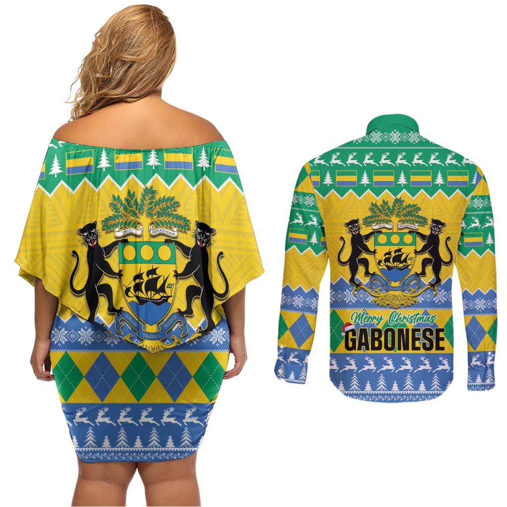 Gabon Christmas Couples Matching Off Shoulder Short Dress and Long Sleeve Button Shirt Joyeux Noel Coat Of Arms - Wonder Print Shop