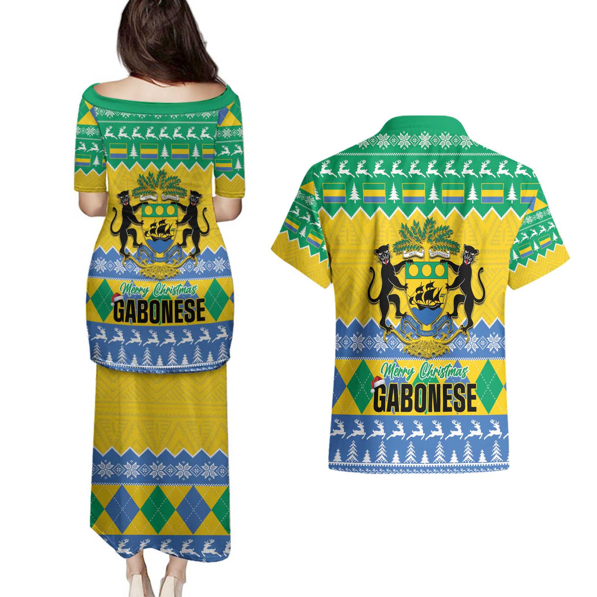 Gabon Christmas Couples Matching Puletasi and Hawaiian Shirt Joyeux Noel Coat Of Arms - Wonder Print Shop