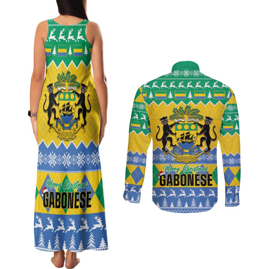Gabon Christmas Couples Matching Tank Maxi Dress and Long Sleeve Button Shirt Joyeux Noel Coat Of Arms - Wonder Print Shop