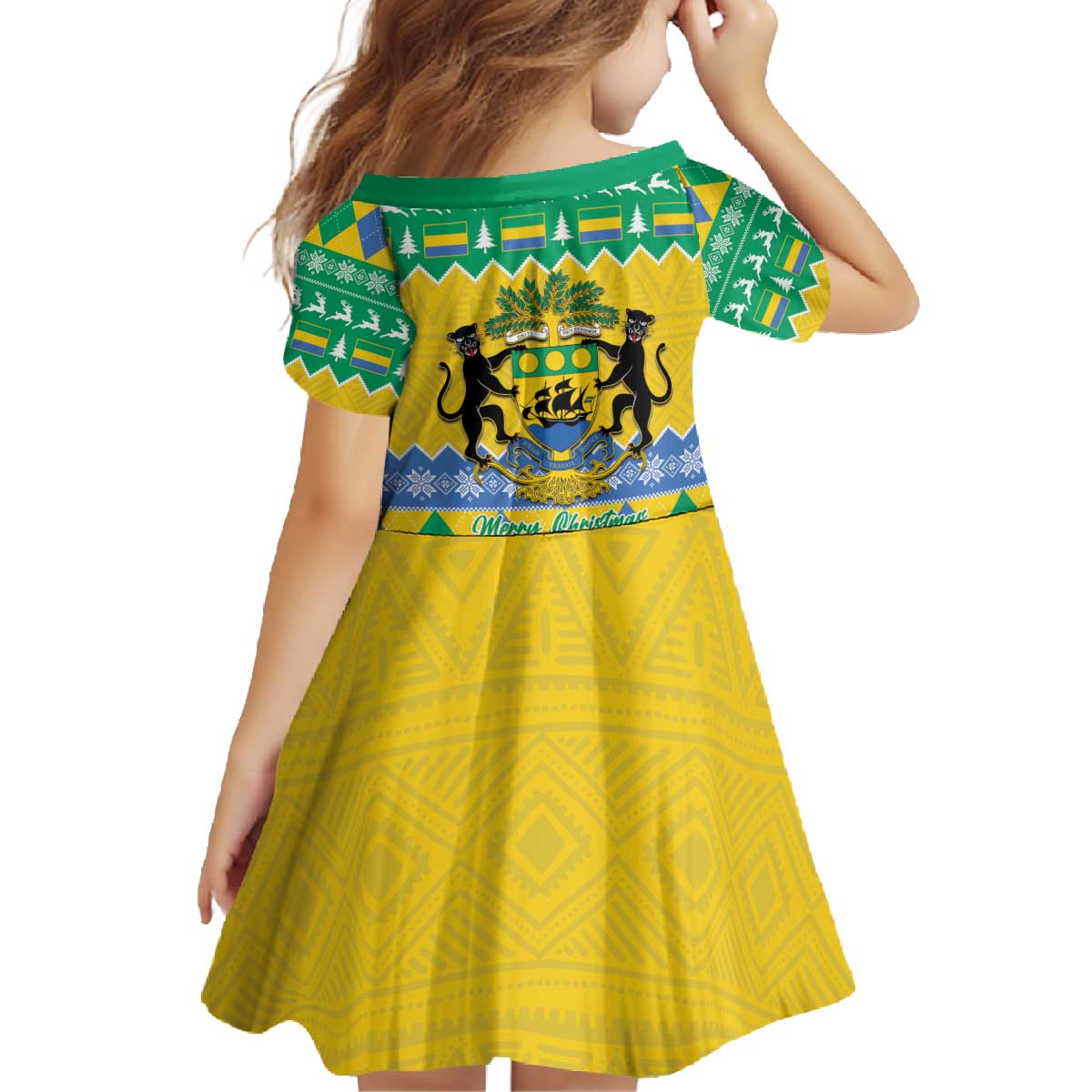 Gabon Christmas Family Matching Off The Shoulder Long Sleeve Dress and Hawaiian Shirt Joyeux Noel Coat Of Arms - Wonder Print Shop