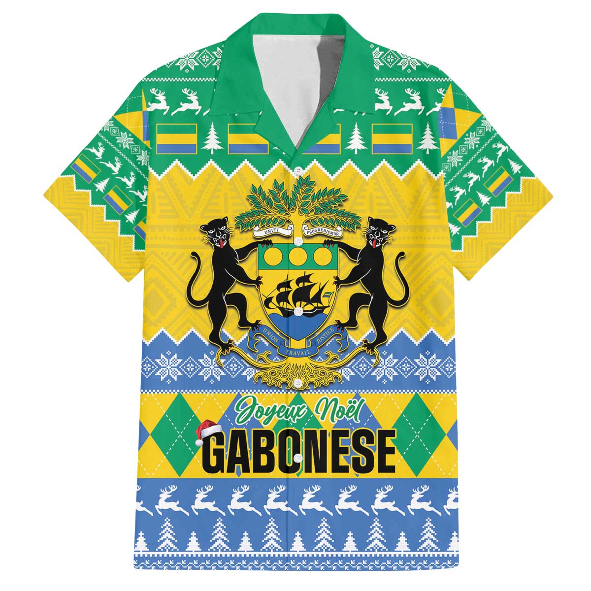 Gabon Christmas Family Matching Off The Shoulder Long Sleeve Dress and Hawaiian Shirt Joyeux Noel Coat Of Arms - Wonder Print Shop