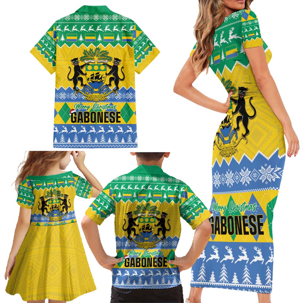 Gabon Christmas Family Matching Short Sleeve Bodycon Dress and Hawaiian Shirt Joyeux Noel Coat Of Arms - Wonder Print Shop