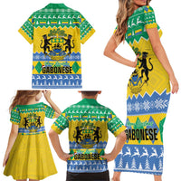 Gabon Christmas Family Matching Short Sleeve Bodycon Dress and Hawaiian Shirt Joyeux Noel Coat Of Arms - Wonder Print Shop
