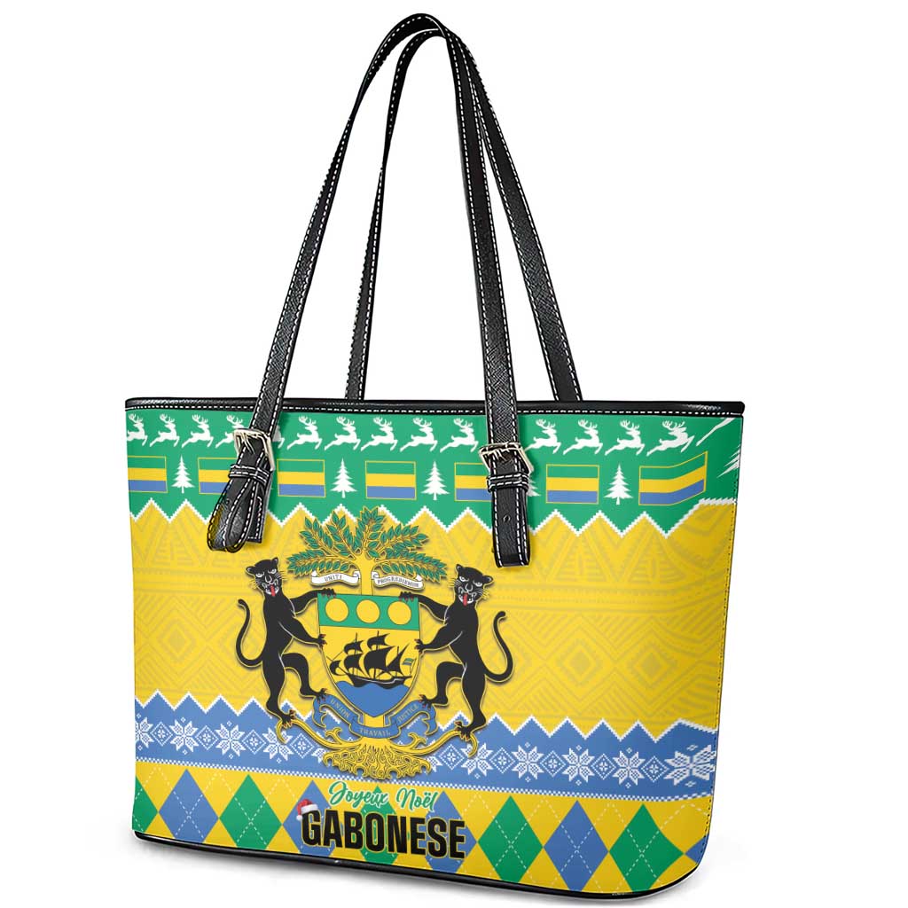 Gabon Christmas Leather Tote Bag Joyeux Noel Coat Of Arms - Wonder Print Shop