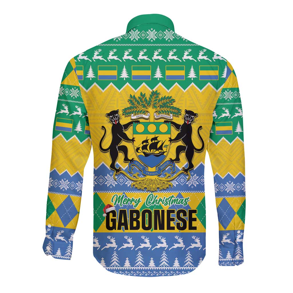 Gabon Christmas Long Sleeve Button Shirt Joyeux Noel Coat Of Arms - Wonder Print Shop