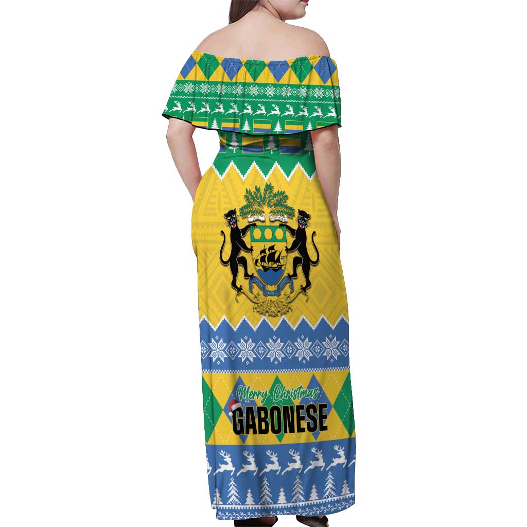 Gabon Christmas Off Shoulder Maxi Dress Joyeux Noel Coat Of Arms - Wonder Print Shop