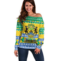 Gabon Christmas Off Shoulder Sweater Joyeux Noel Coat Of Arms - Wonder Print Shop