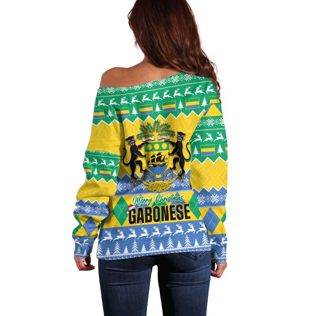 Gabon Christmas Off Shoulder Sweater Joyeux Noel Coat Of Arms - Wonder Print Shop
