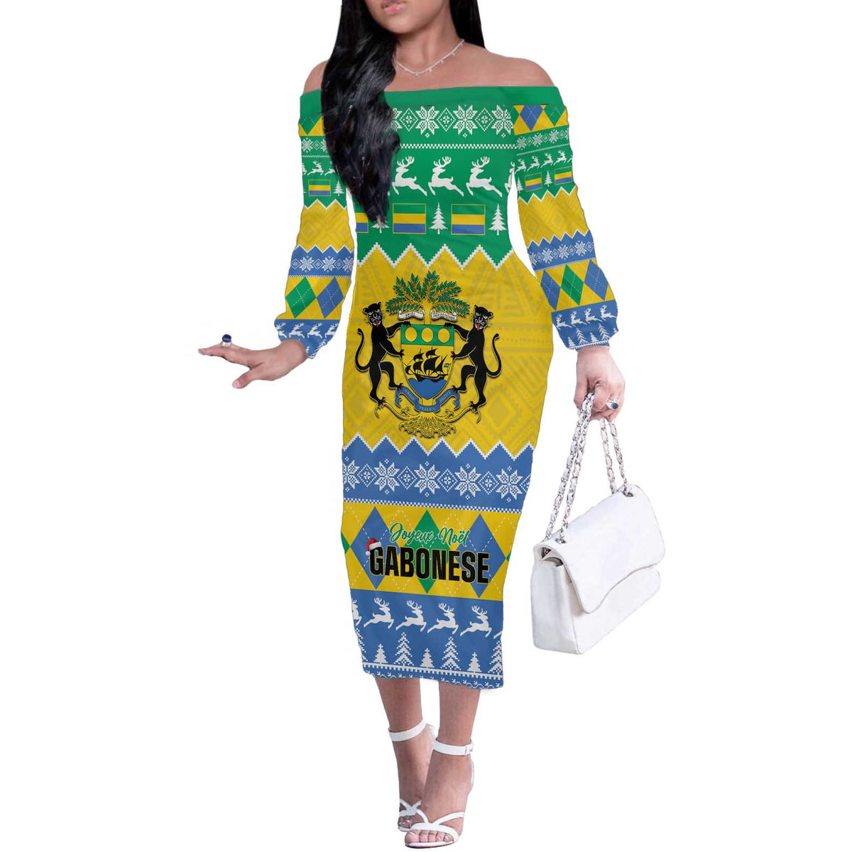 Gabon Christmas Off The Shoulder Long Sleeve Dress Joyeux Noel Coat Of Arms - Wonder Print Shop