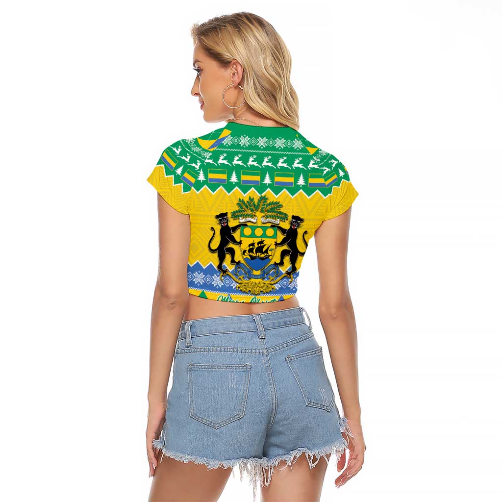 Gabon Christmas Raglan Cropped T Shirt Joyeux Noel Coat Of Arms - Wonder Print Shop