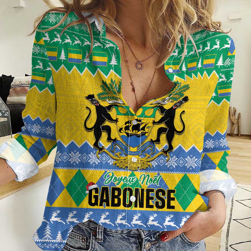 Gabon Christmas Women Casual Shirt Joyeux Noel Coat Of Arms - Wonder Print Shop