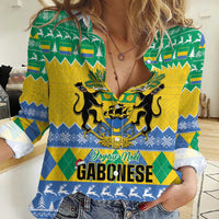 Gabon Christmas Women Casual Shirt Joyeux Noel Coat Of Arms - Wonder Print Shop