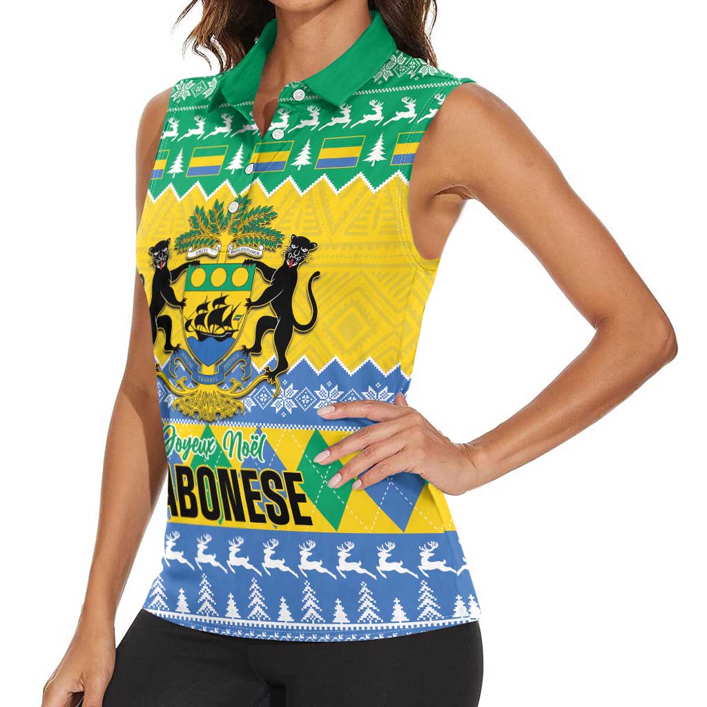 Gabon Christmas Women Sleeveless Polo Shirt Joyeux Noel Coat Of Arms - Wonder Print Shop