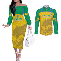 Custom Gabon Football Couples Matching Off The Shoulder Long Sleeve Dress and Long Sleeve Button Shirt Allez Les Pantheres