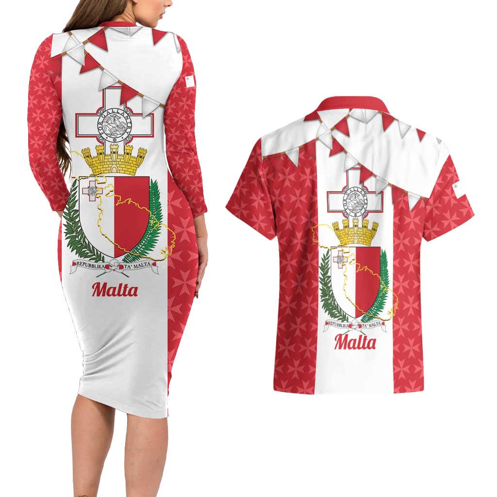 Malta Republic Day Couples Matching Long Sleeve Bodycon Dress and Hawaiian Shirt Jum ir-Repubblika Maltese Cross - Wonder Print Shop