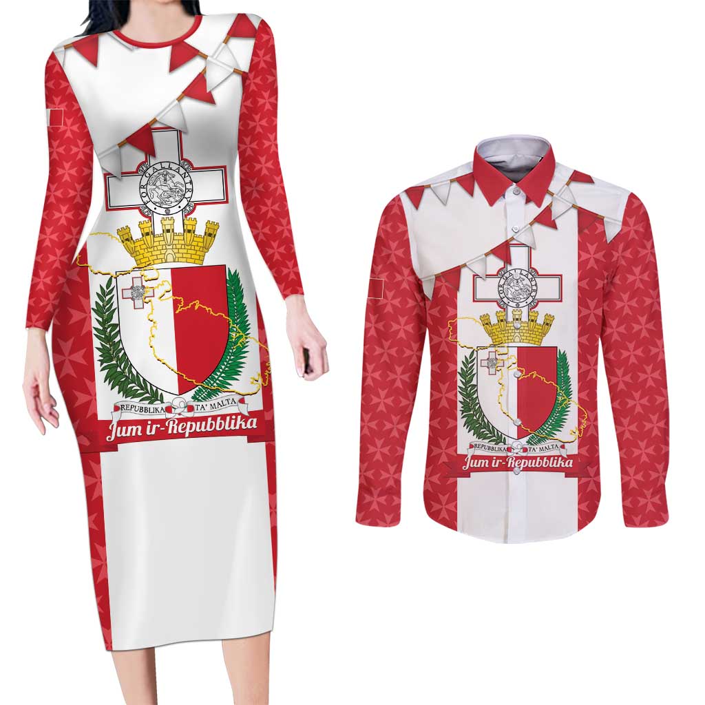 Malta Republic Day Couples Matching Long Sleeve Bodycon Dress and Long Sleeve Button Shirt Jum ir-Repubblika Maltese Cross - Wonder Print Shop