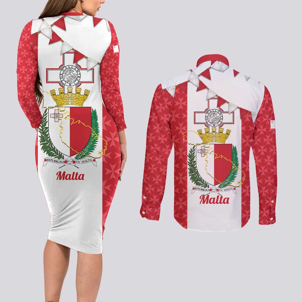 Malta Republic Day Couples Matching Long Sleeve Bodycon Dress and Long Sleeve Button Shirt Jum ir-Repubblika Maltese Cross - Wonder Print Shop