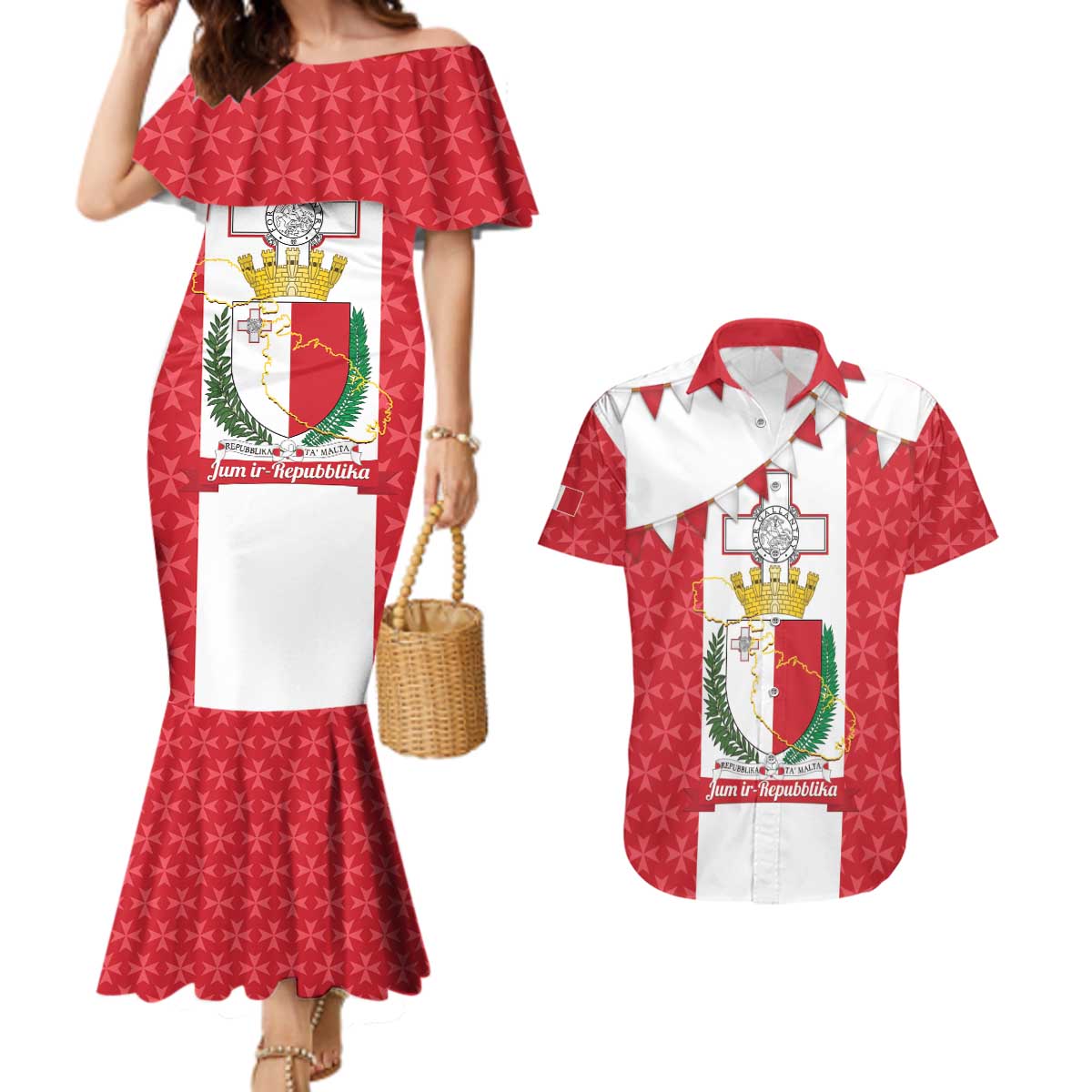 Malta Republic Day Couples Matching Mermaid Dress and Hawaiian Shirt Jum ir-Repubblika Maltese Cross - Wonder Print Shop