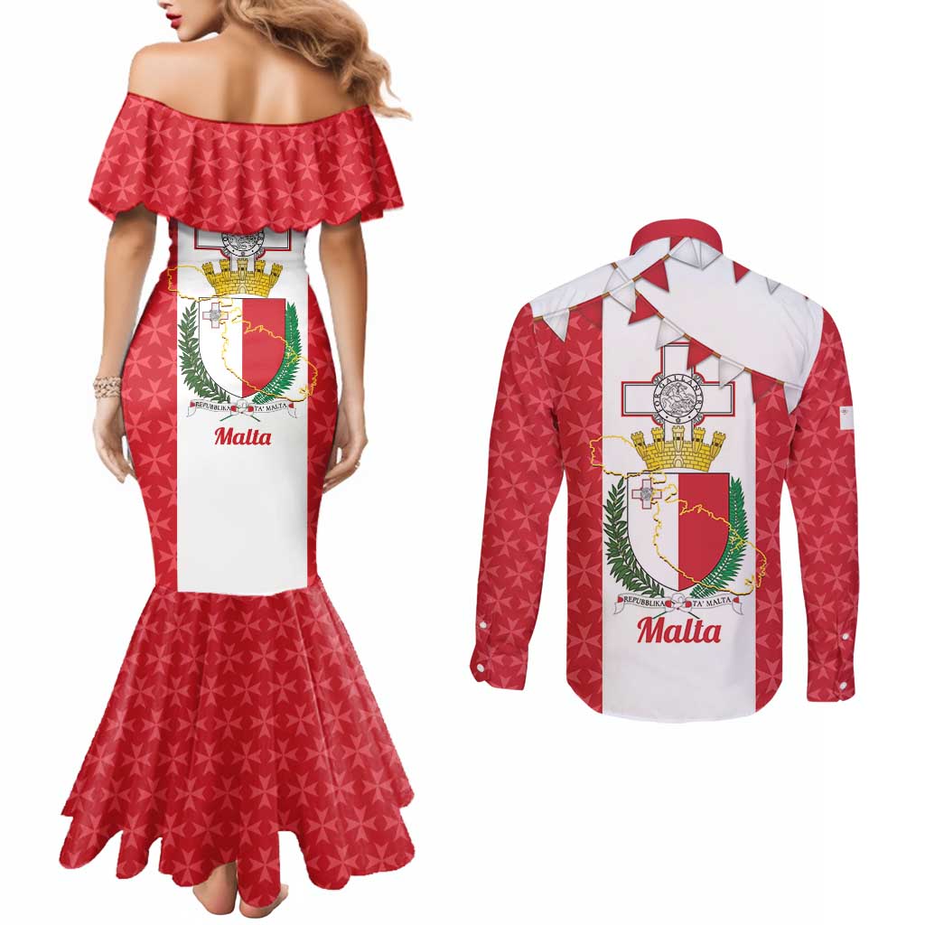 Malta Republic Day Couples Matching Mermaid Dress and Long Sleeve Button Shirt Jum ir-Repubblika Maltese Cross - Wonder Print Shop
