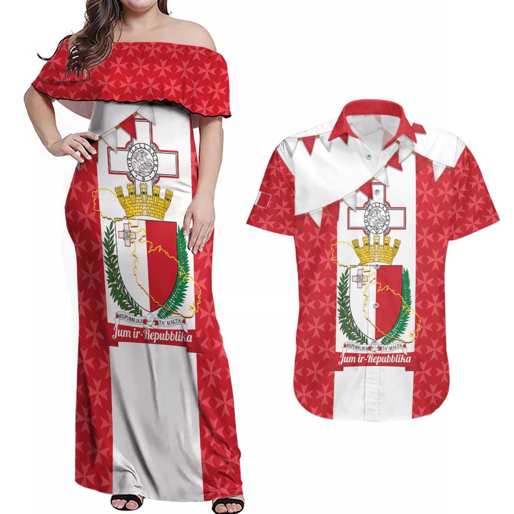 Malta Republic Day Couples Matching Off Shoulder Maxi Dress and Hawaiian Shirt Jum ir-Repubblika Maltese Cross - Wonder Print Shop