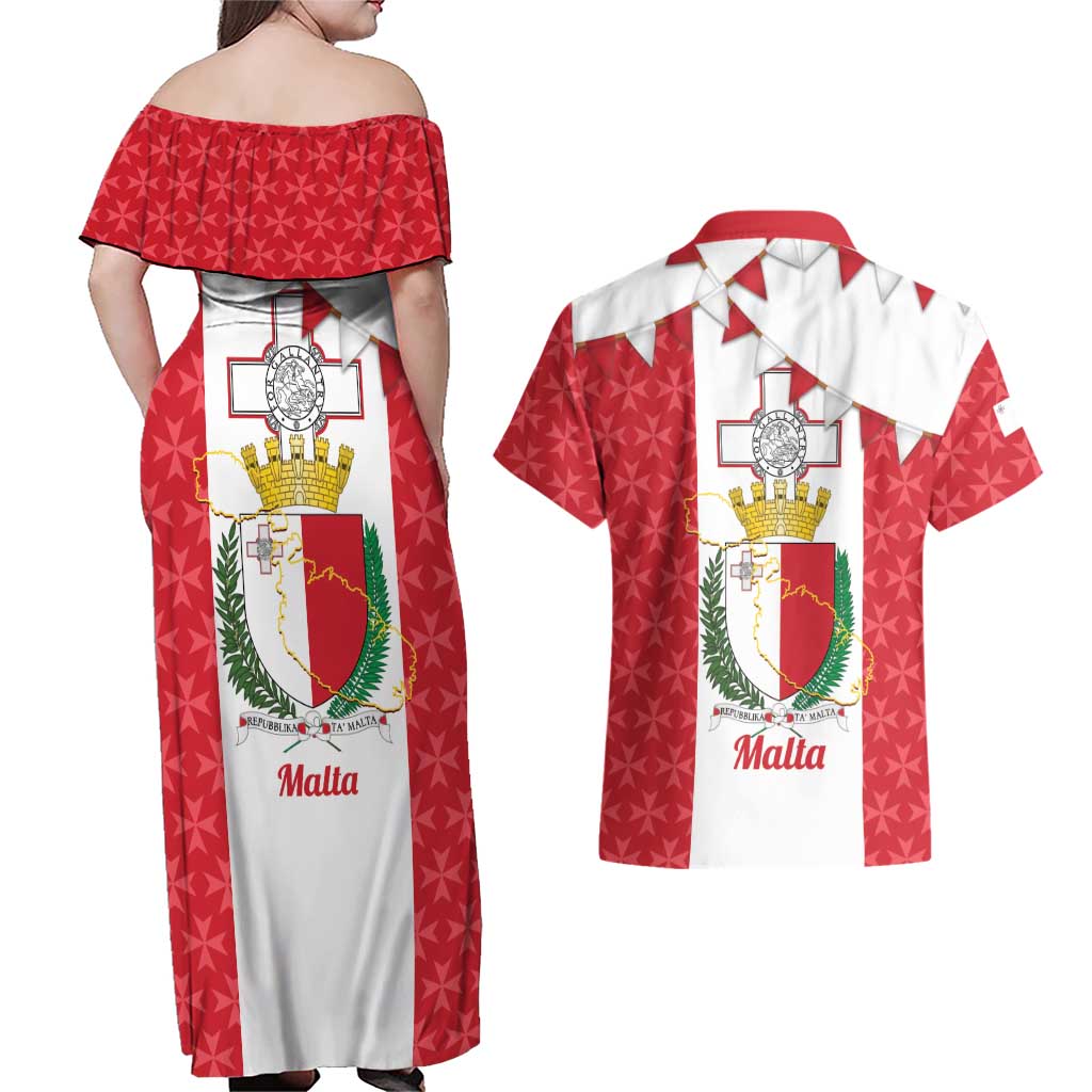Malta Republic Day Couples Matching Off Shoulder Maxi Dress and Hawaiian Shirt Jum ir-Repubblika Maltese Cross - Wonder Print Shop