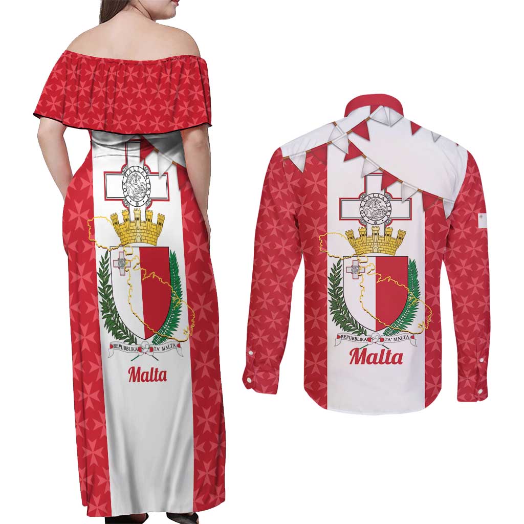 Malta Republic Day Couples Matching Off Shoulder Maxi Dress and Long Sleeve Button Shirt Jum ir-Repubblika Maltese Cross - Wonder Print Shop