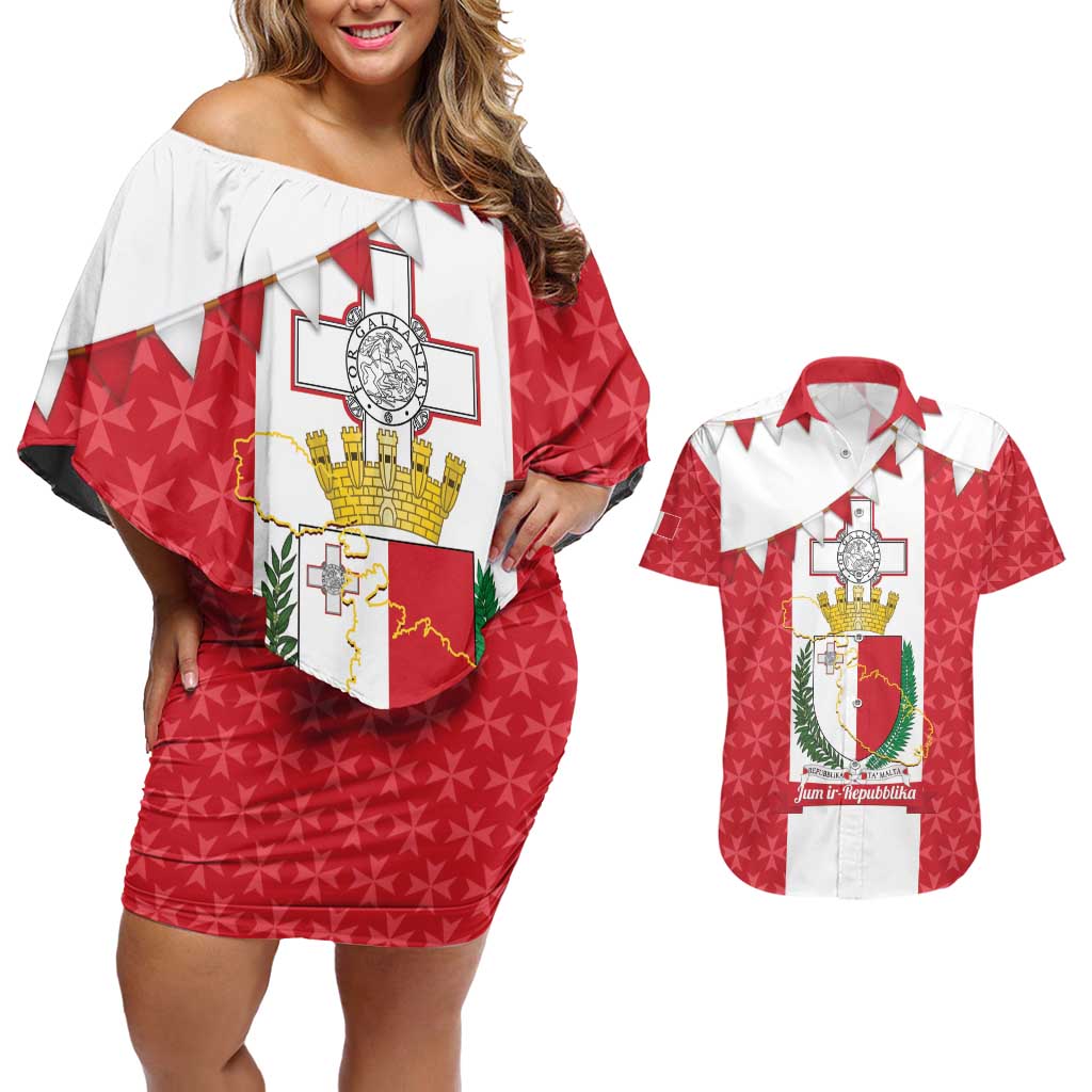 Malta Republic Day Couples Matching Off Shoulder Short Dress and Hawaiian Shirt Jum ir-Repubblika Maltese Cross - Wonder Print Shop