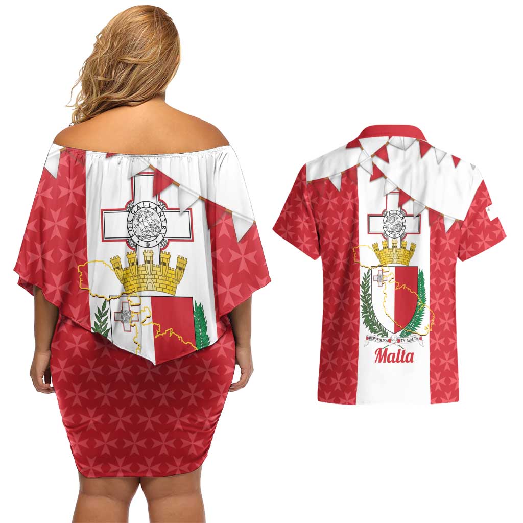 Malta Republic Day Couples Matching Off Shoulder Short Dress and Hawaiian Shirt Jum ir-Repubblika Maltese Cross - Wonder Print Shop