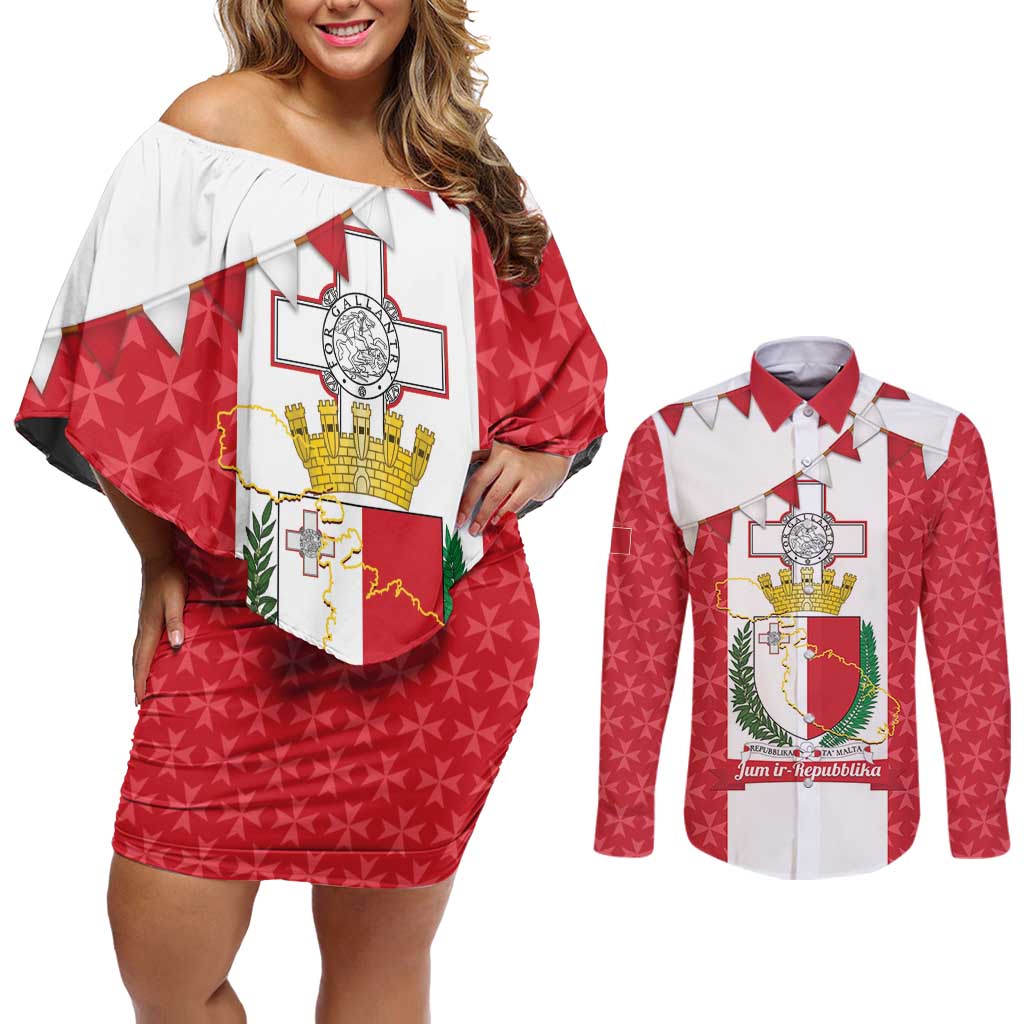 Malta Republic Day Couples Matching Off Shoulder Short Dress and Long Sleeve Button Shirt Jum ir-Repubblika Maltese Cross - Wonder Print Shop