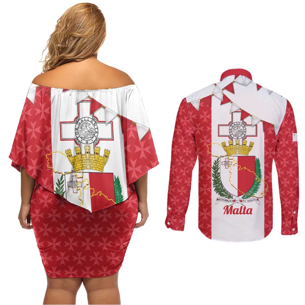 Malta Republic Day Couples Matching Off Shoulder Short Dress and Long Sleeve Button Shirt Jum ir-Repubblika Maltese Cross - Wonder Print Shop