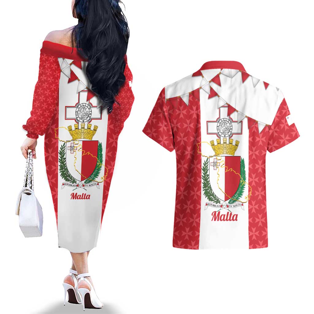 Malta Republic Day Couples Matching Off The Shoulder Long Sleeve Dress and Hawaiian Shirt Jum ir-Repubblika Maltese Cross - Wonder Print Shop