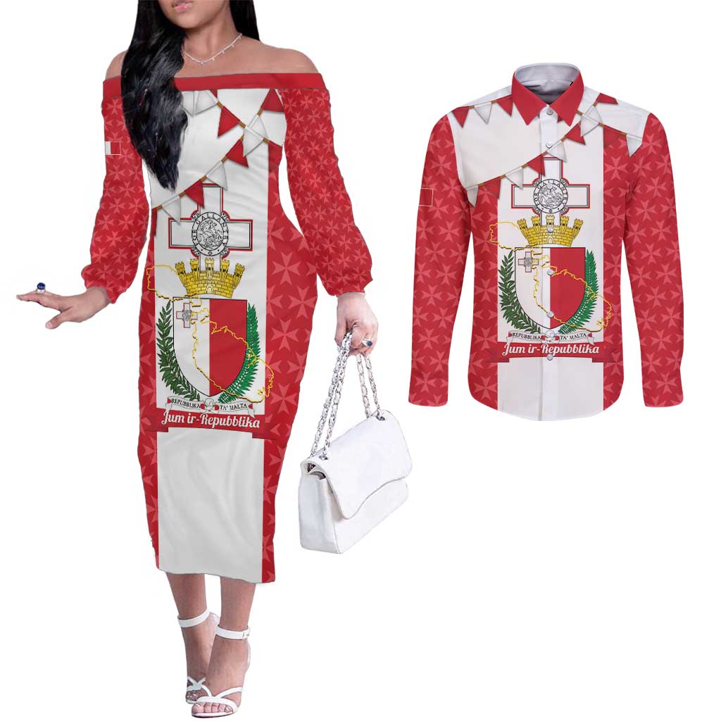 Malta Republic Day Couples Matching Off The Shoulder Long Sleeve Dress and Long Sleeve Button Shirt Jum ir-Repubblika Maltese Cross - Wonder Print Shop