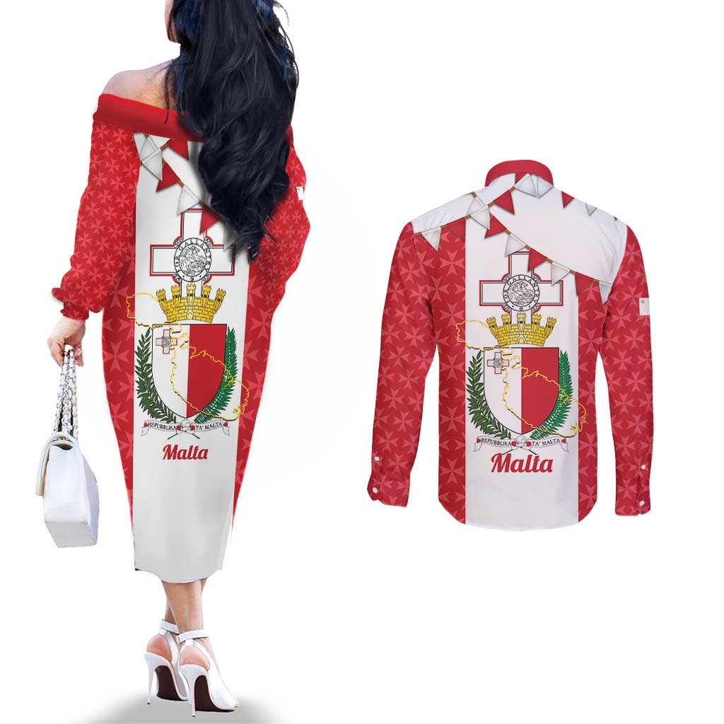 Malta Republic Day Couples Matching Off The Shoulder Long Sleeve Dress and Long Sleeve Button Shirt Jum ir-Repubblika Maltese Cross - Wonder Print Shop
