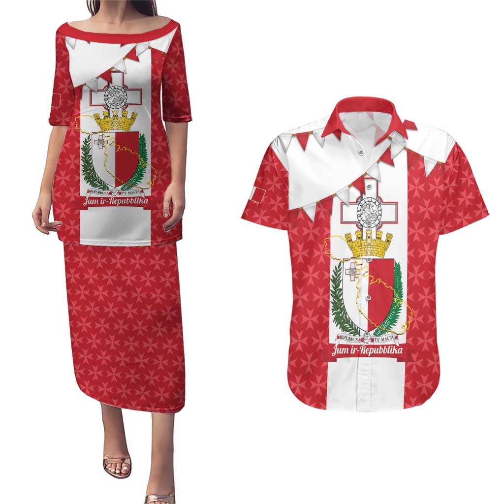 Malta Republic Day Couples Matching Puletasi and Hawaiian Shirt Jum ir-Repubblika Maltese Cross - Wonder Print Shop