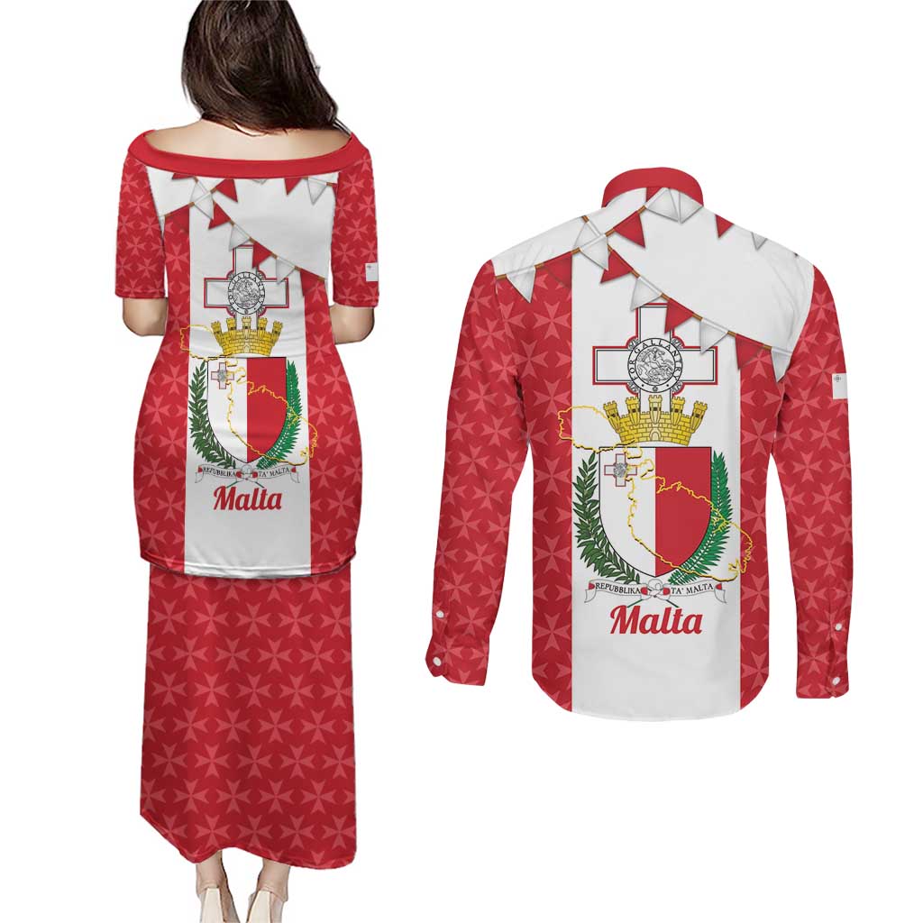 Malta Republic Day Couples Matching Puletasi and Long Sleeve Button Shirt Jum ir-Repubblika Maltese Cross - Wonder Print Shop