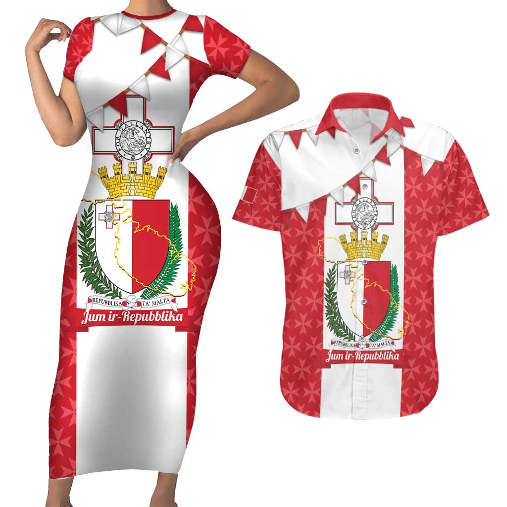 Malta Republic Day Couples Matching Short Sleeve Bodycon Dress and Hawaiian Shirt Jum ir-Repubblika Maltese Cross - Wonder Print Shop
