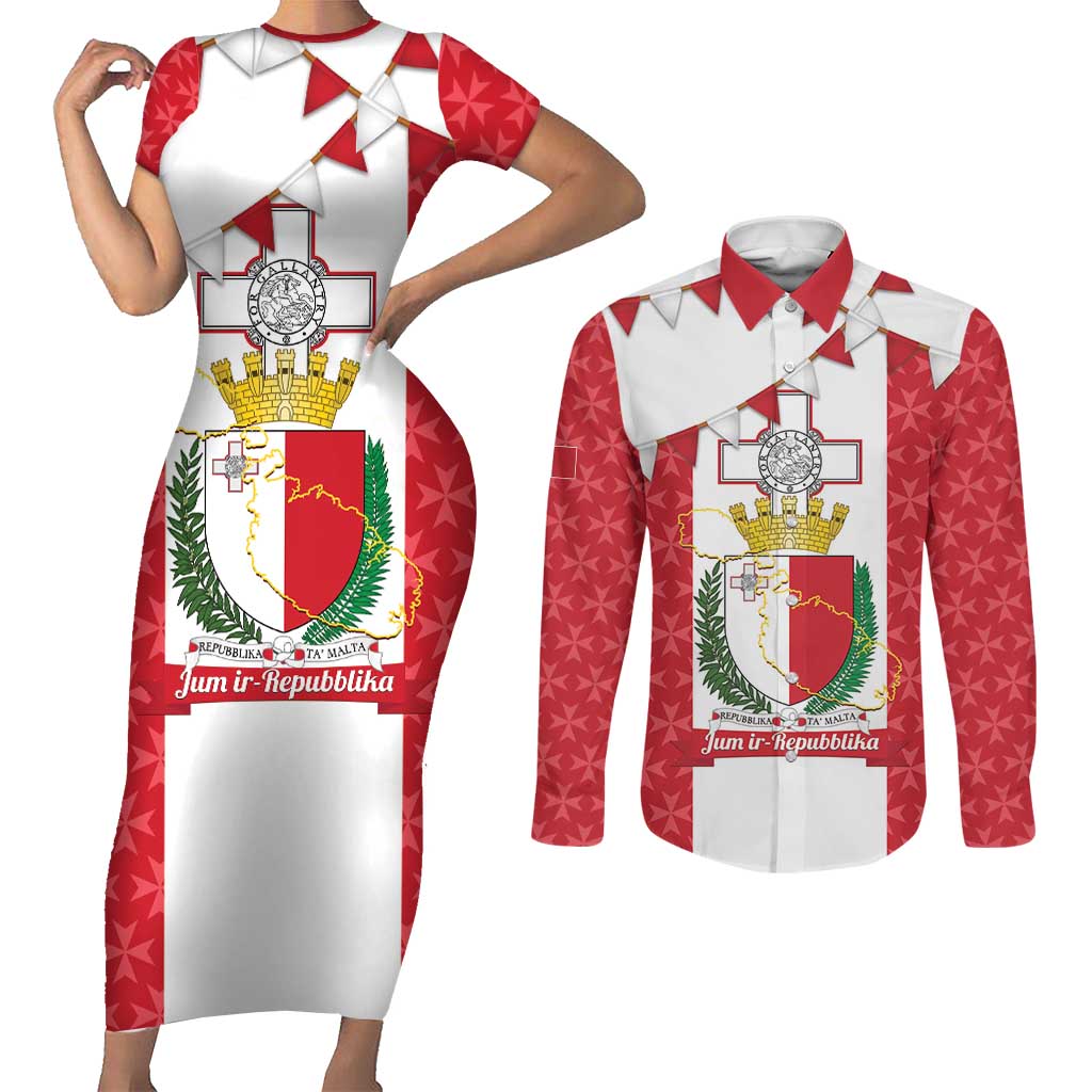 Malta Republic Day Couples Matching Short Sleeve Bodycon Dress and Long Sleeve Button Shirt Jum ir-Repubblika Maltese Cross - Wonder Print Shop