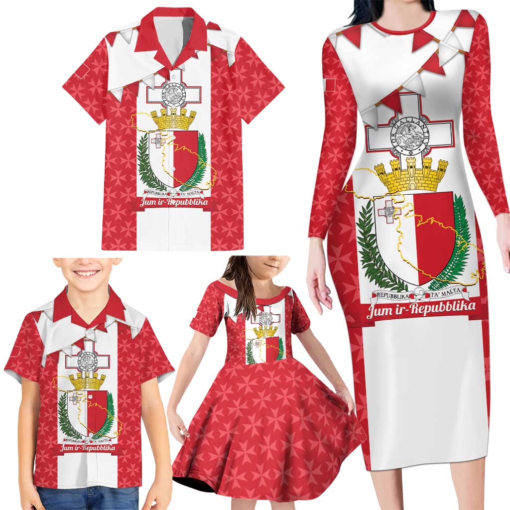 Malta Republic Day Family Matching Long Sleeve Bodycon Dress and Hawaiian Shirt Jum ir-Repubblika Maltese Cross - Wonder Print Shop