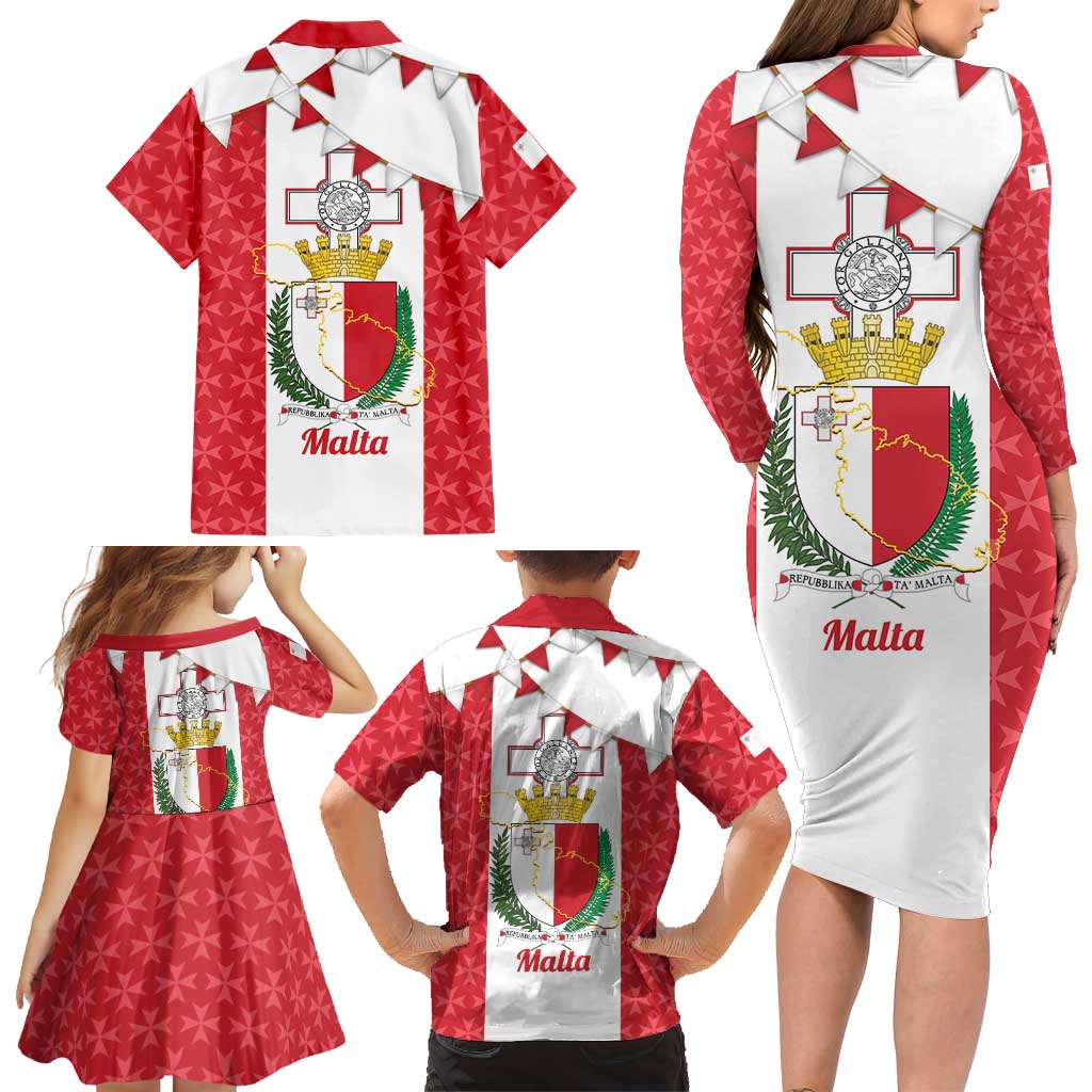 Malta Republic Day Family Matching Long Sleeve Bodycon Dress and Hawaiian Shirt Jum ir-Repubblika Maltese Cross - Wonder Print Shop