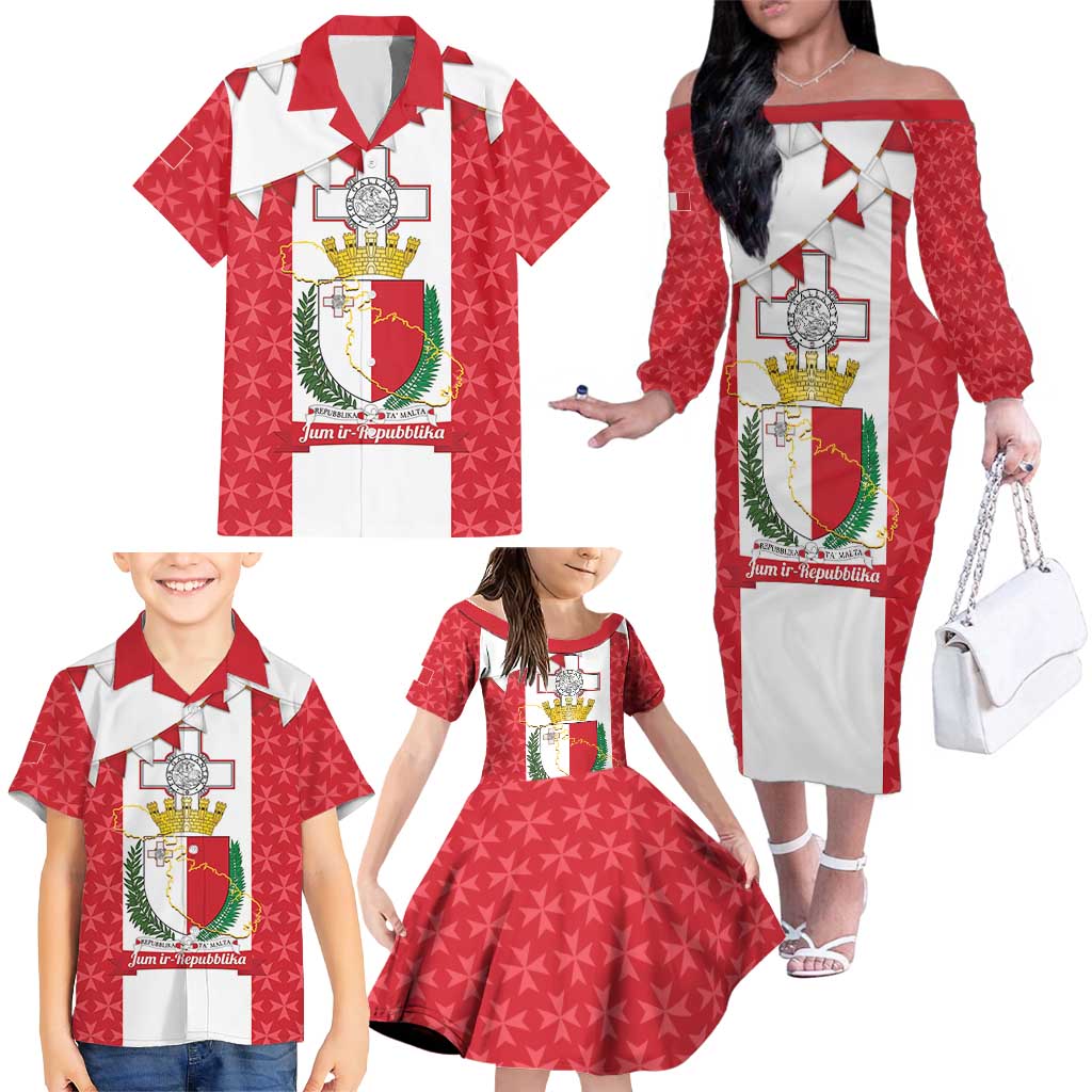 Malta Republic Day Family Matching Off The Shoulder Long Sleeve Dress and Hawaiian Shirt Jum ir-Repubblika Maltese Cross - Wonder Print Shop