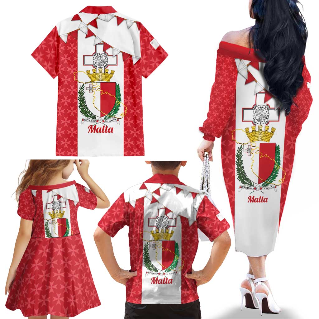 Malta Republic Day Family Matching Off The Shoulder Long Sleeve Dress and Hawaiian Shirt Jum ir-Repubblika Maltese Cross - Wonder Print Shop